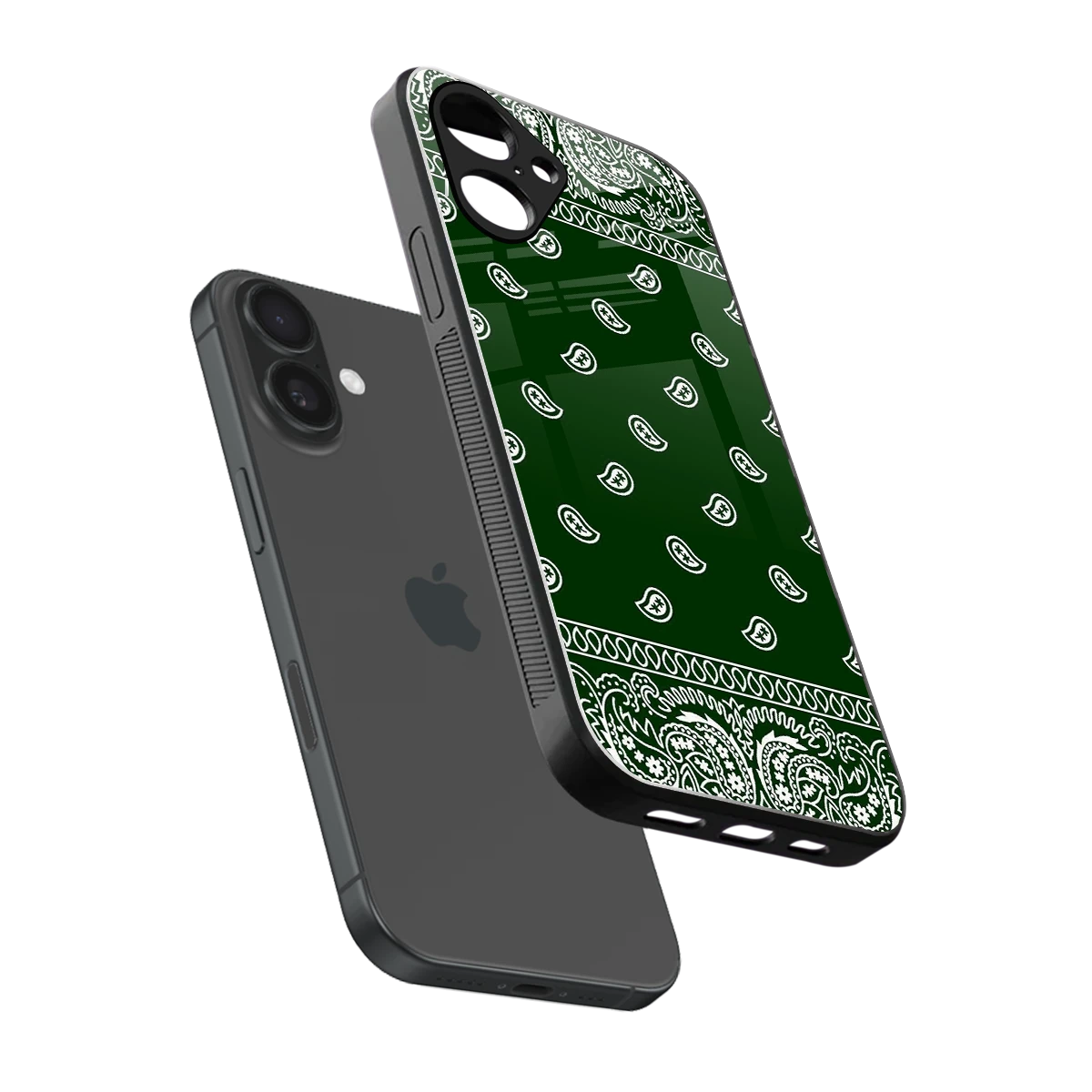 Paisley Green sleek iPhone 16 cover with tempered glass back and TPU edges