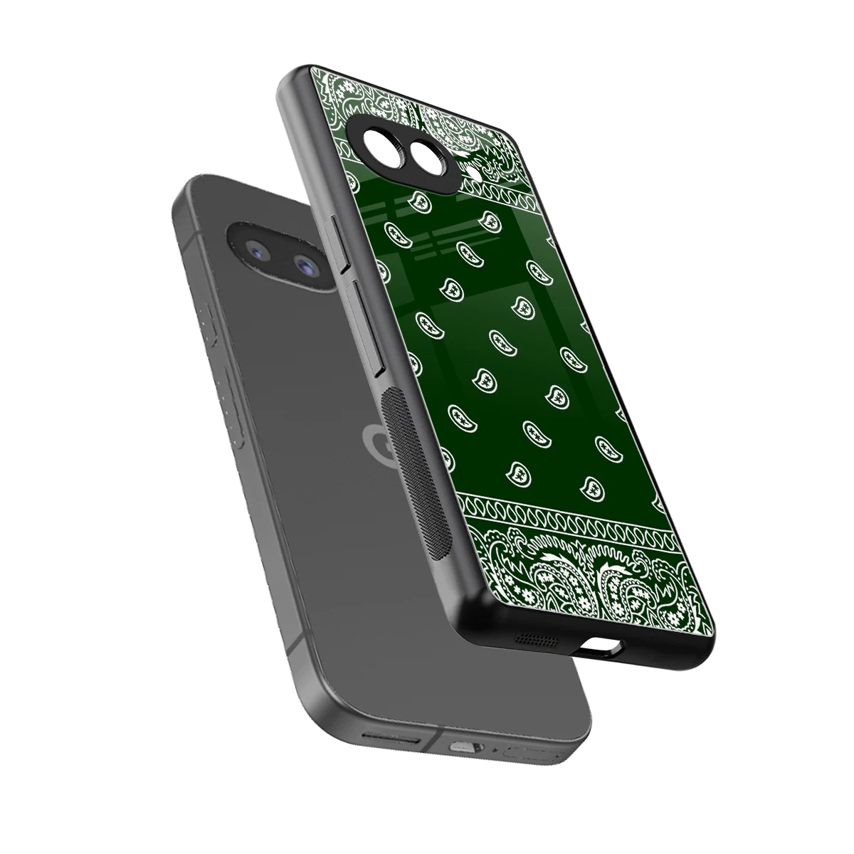 Paisley Green sleek google pixel 9a cover with tempered glass back and TPU edges