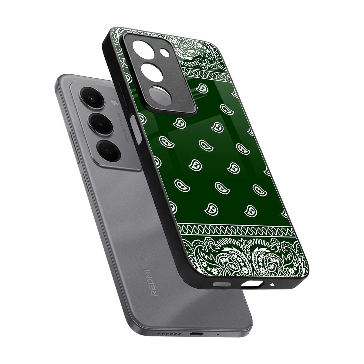 Paisley Green sleek redmi 15 5g cover with tempered glass back and TPU edges