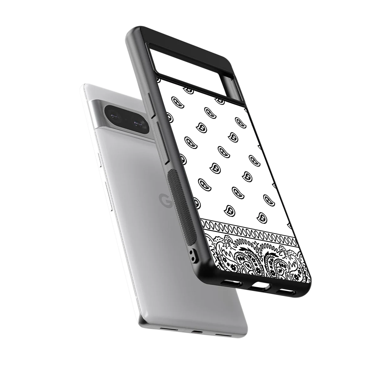 Paisley White sleek google pixel 8 cover with tempered glass back and TPU edges