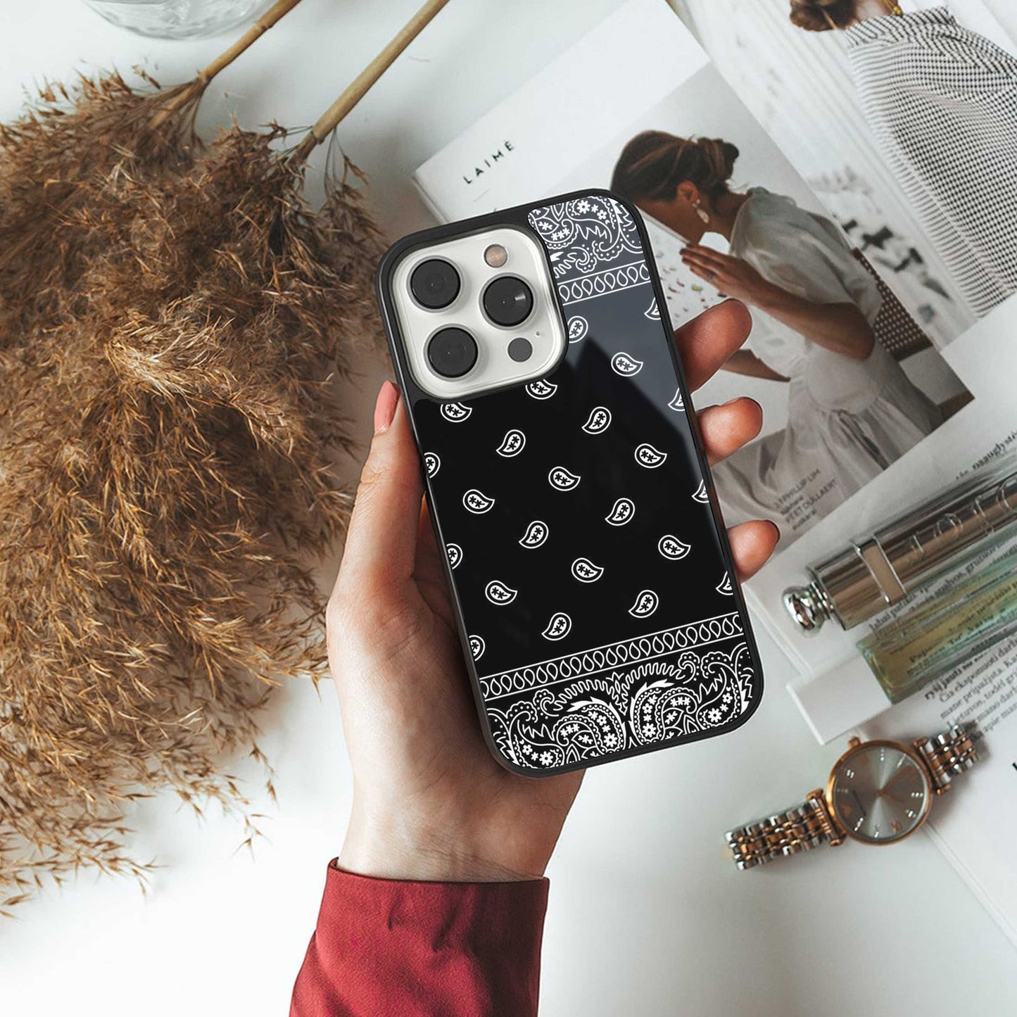 Paisley Black Phone Case for Iphone 16 | Glass Case
