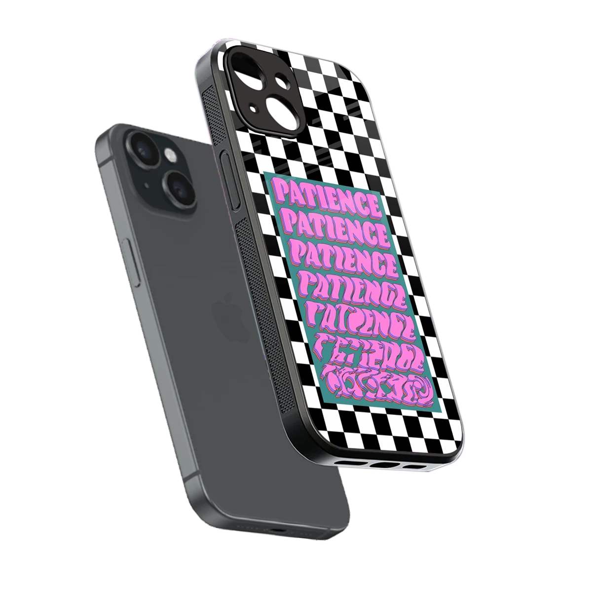 Patience Checkered sleek iphone 14 cover with tempered glass back and TPU edges