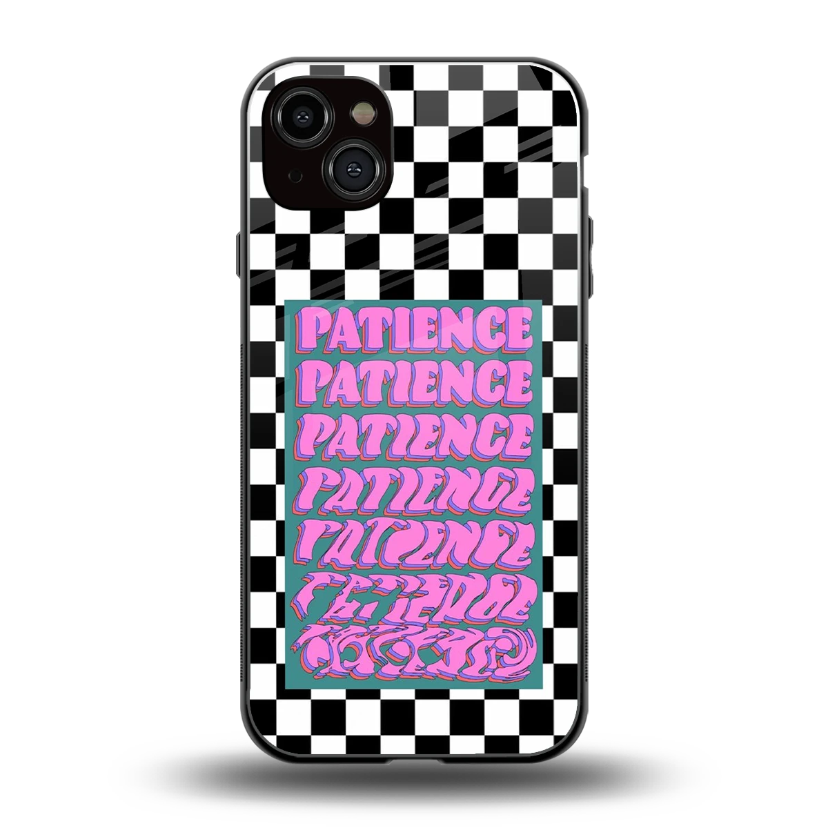 Patience Checkered back phone cover | glass case for iphone 14 plus
