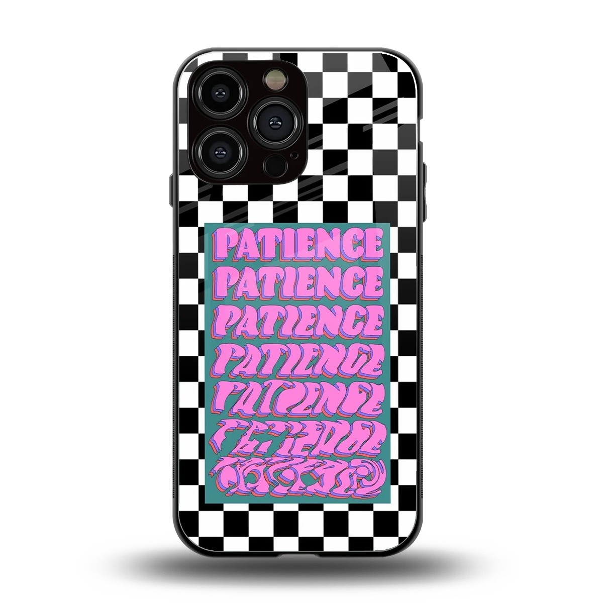 Patience Checkered back phone cover | glass case for iphone 15 pro max