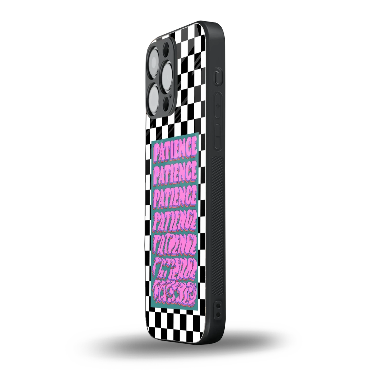 Patience Checkered iphone 15 pro max mobile cover | shockproof glass phone case