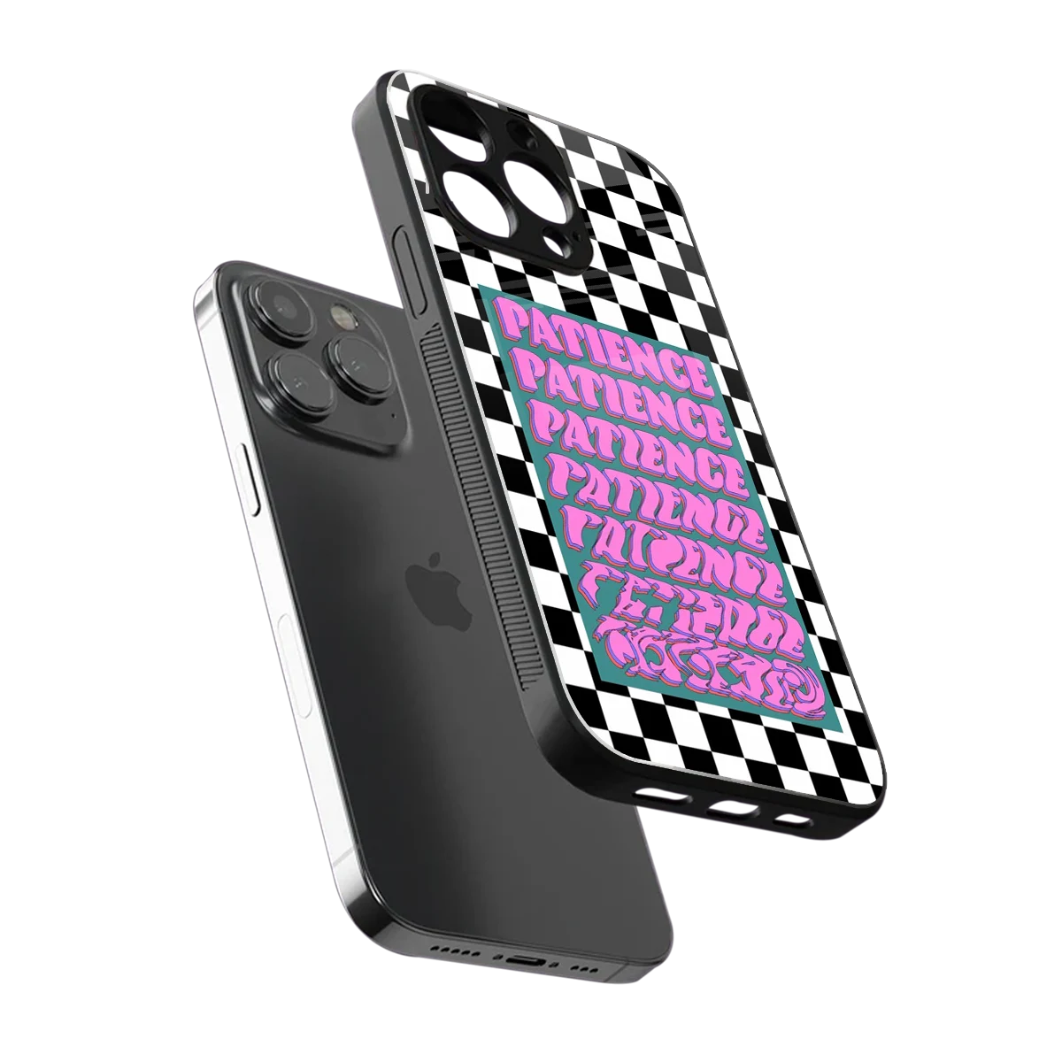 Patience Checkered sleek iphone 16 pro max cover with tempered glass back and TPU edges