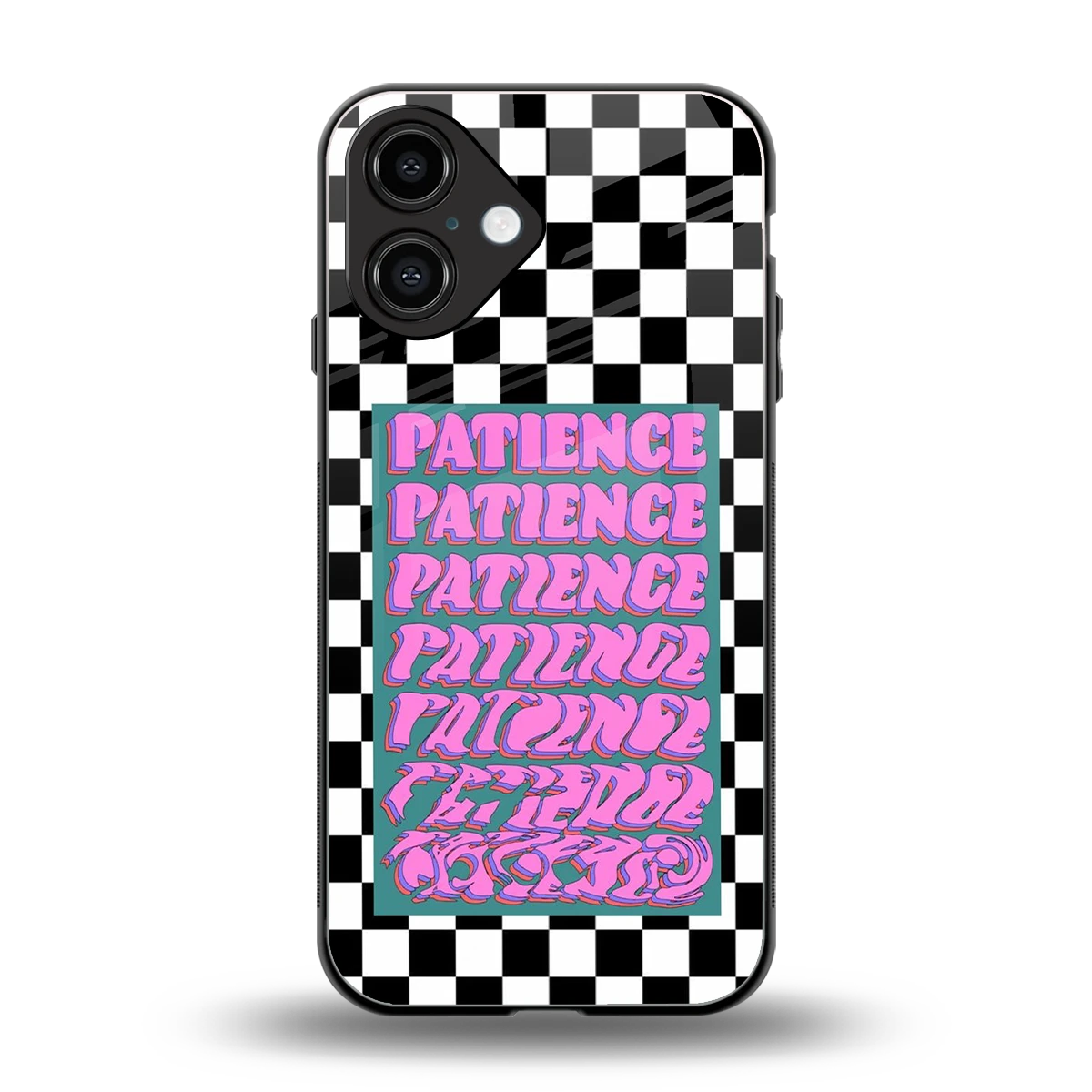 Patience Checkered back phone cover | glass case for iphone 16