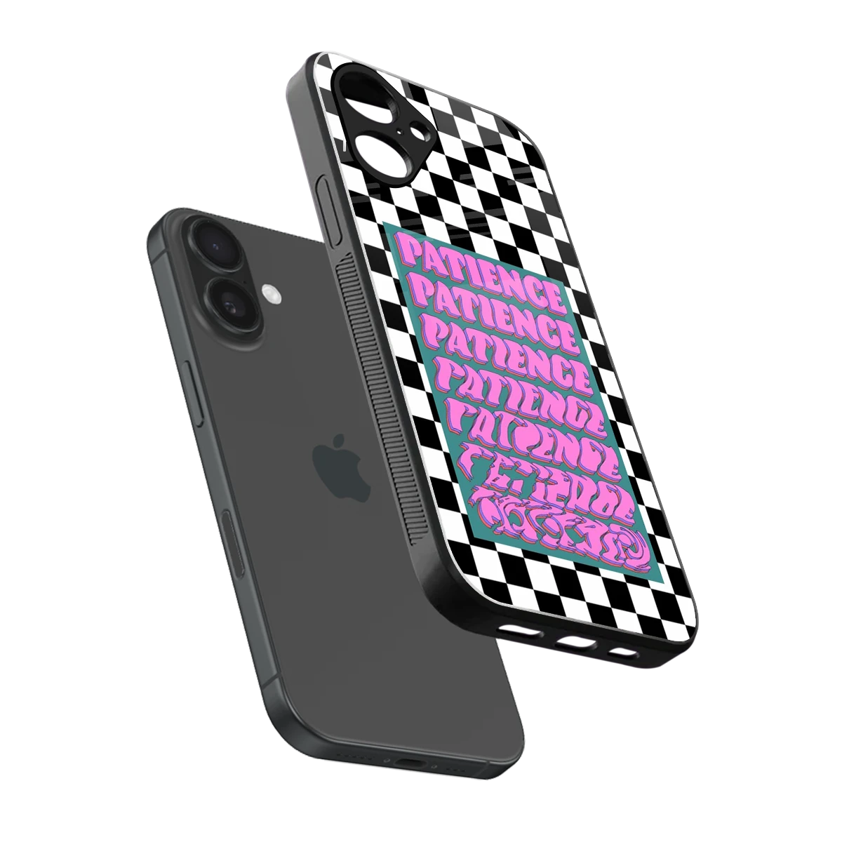 Patience Checkered sleek iPhone 16 cover with tempered glass back and TPU edges