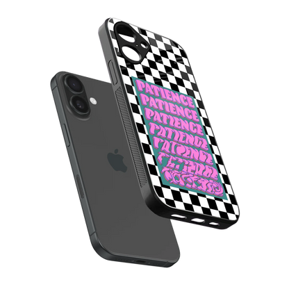Patience Checkered sleek iPhone 16 cover with tempered glass back and TPU edges