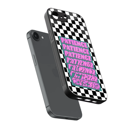 Patience Checkered sleek iphone 16e cover with tempered glass back and TPU edges
