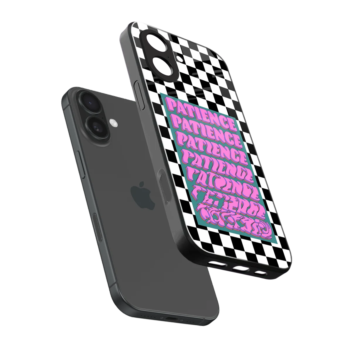 Patience Checkered sleek iphone 17 cover with tempered glass back and TPU edges