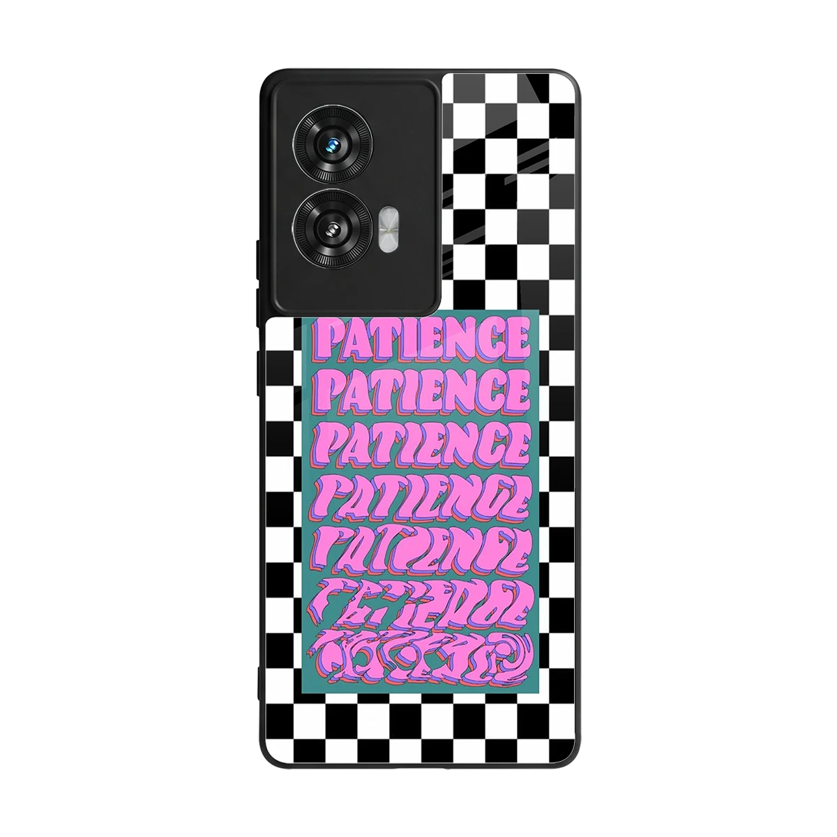 Patience Checkered back phone cover | glass case for motorola edge 50 fusion