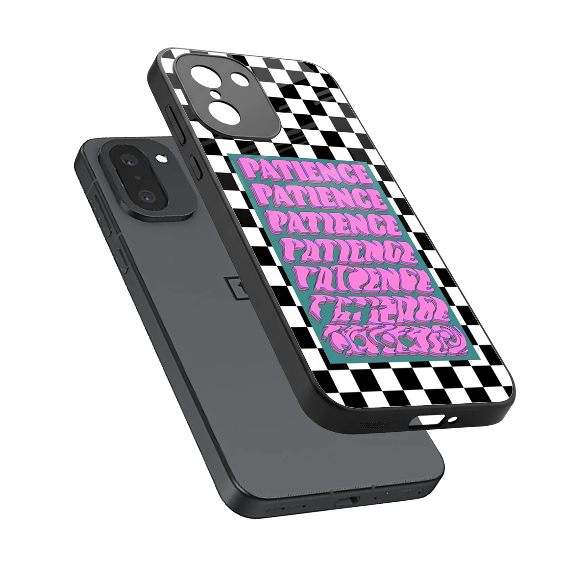 Patience Checkered sleek oneplus 15r cover with tempered glass back and TPU edges