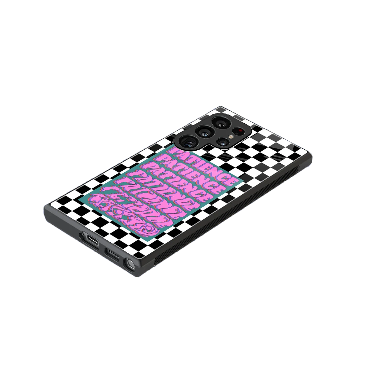 Patience Checkered stylish phone case for samsung galaxy s24 ultra | glossy glass and slim fit