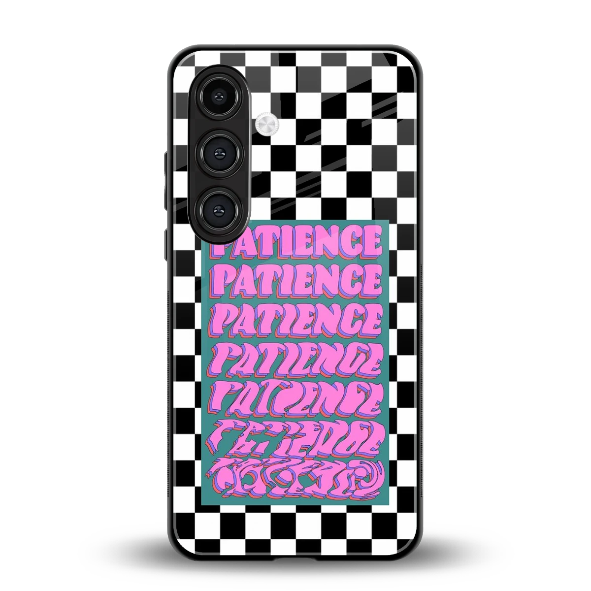 Patience Checkered back phone cover | glass case for samsung galaxy s24 plus
