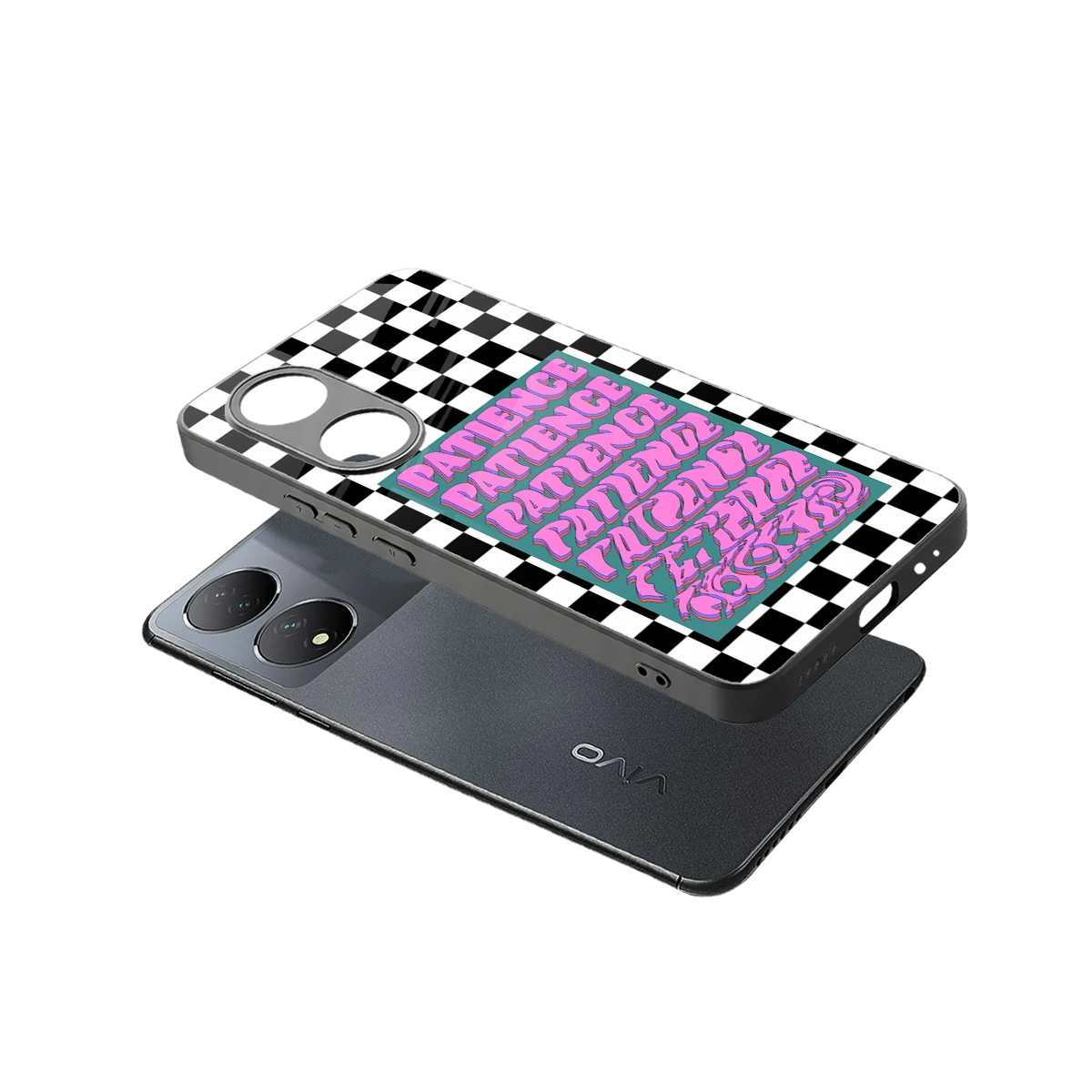 Patience Checkered sleek Vivo-y100 cover with tempered glass back and TPU edges