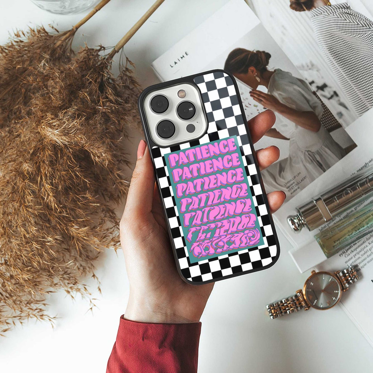 Patience Checkered Phone Case for Iphone 16 | Glass Case