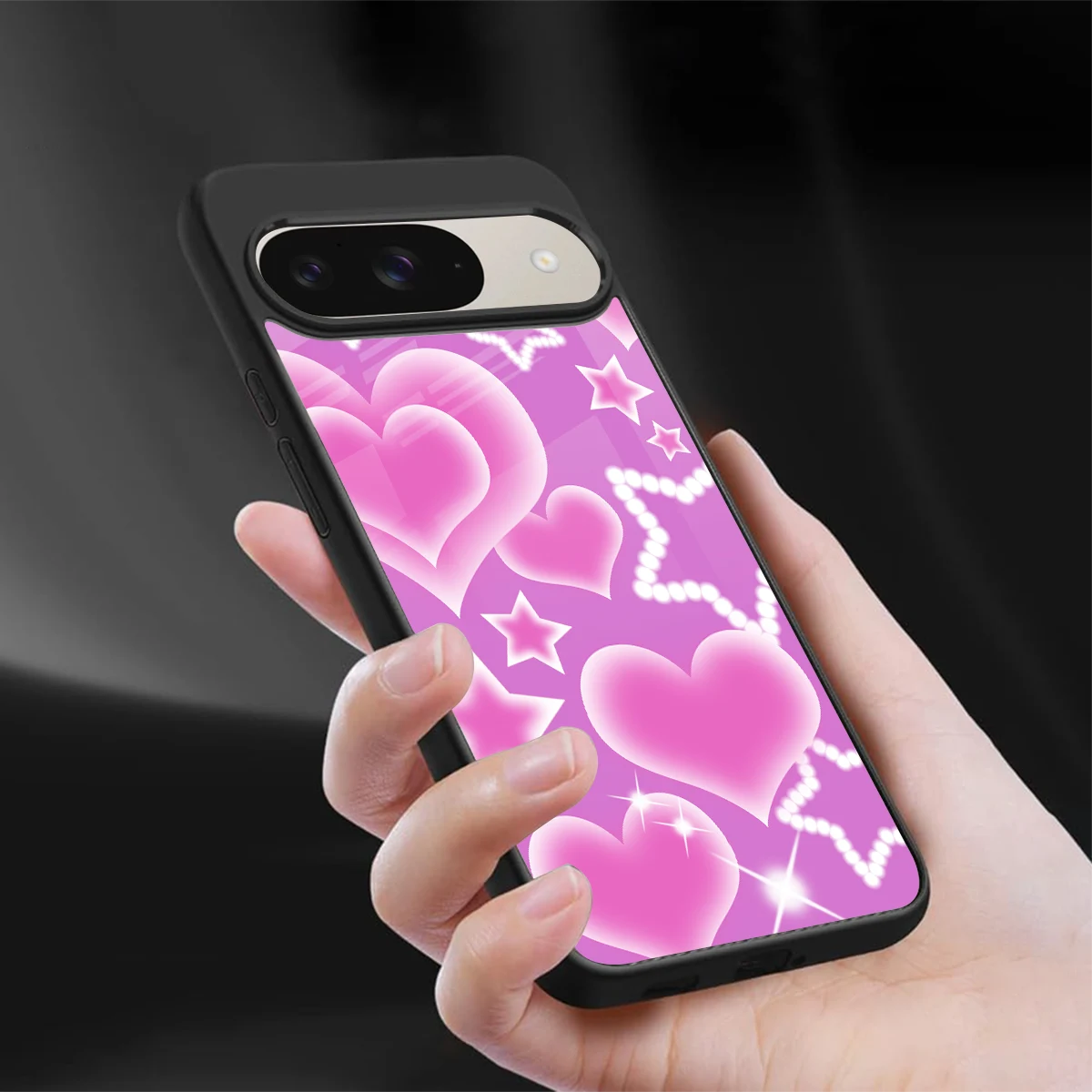 Pink Celestia sleek google pixel 9 cover with tempered glass back and TPU edges