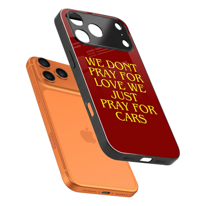 Pray For Cars sleek iphone 17 pro max cover with tempered glass back and TPU edges