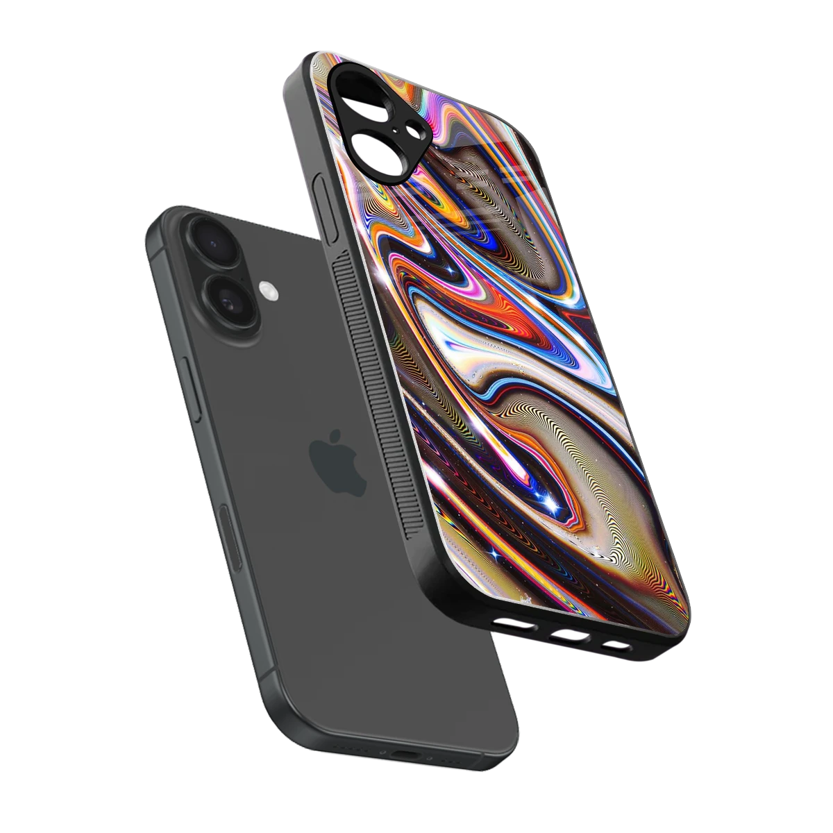 Psychedelic Marble sleek iPhone 16 cover with tempered glass back and TPU edges