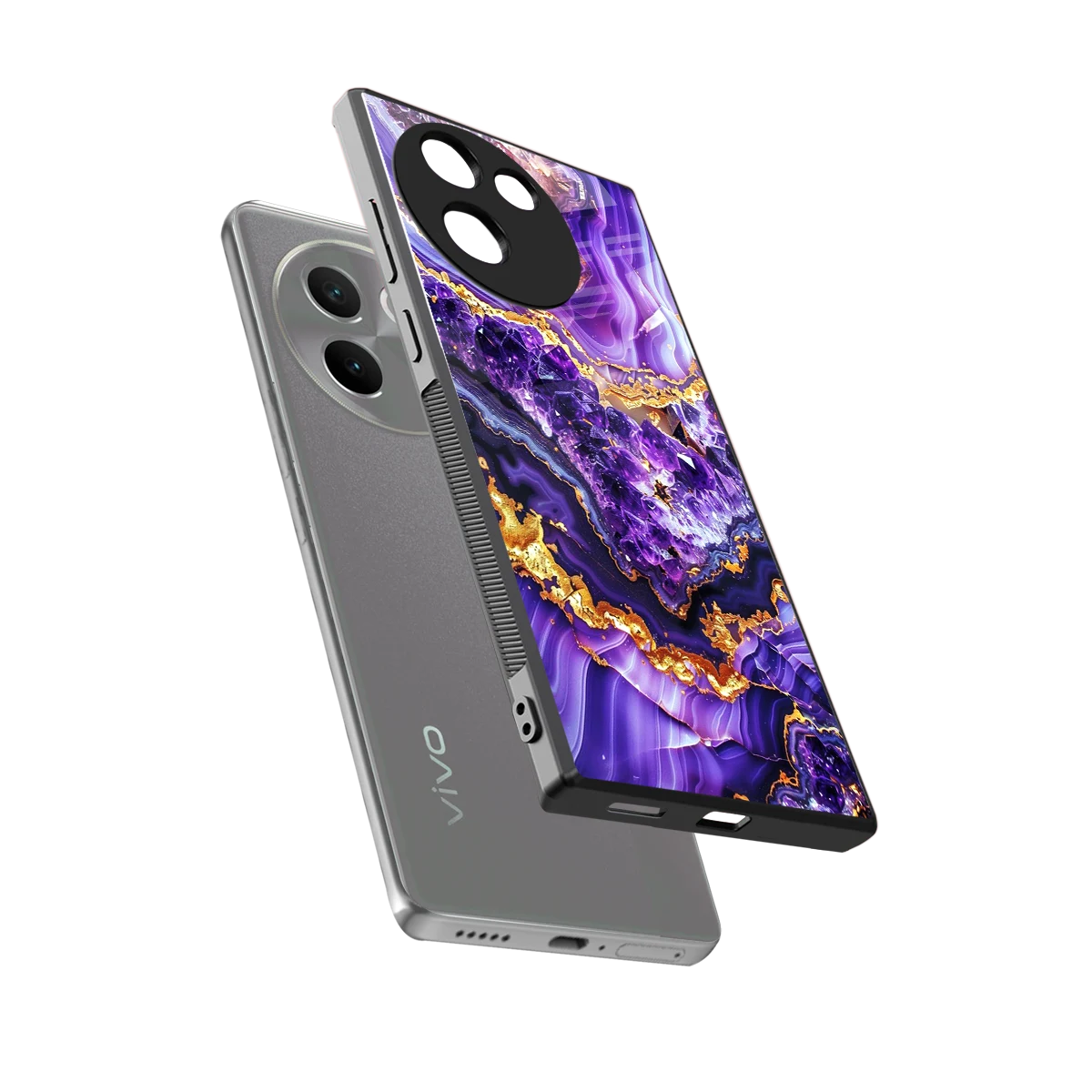 Purple Majesty sleek vivo v30e cover with tempered glass back and TPU edges