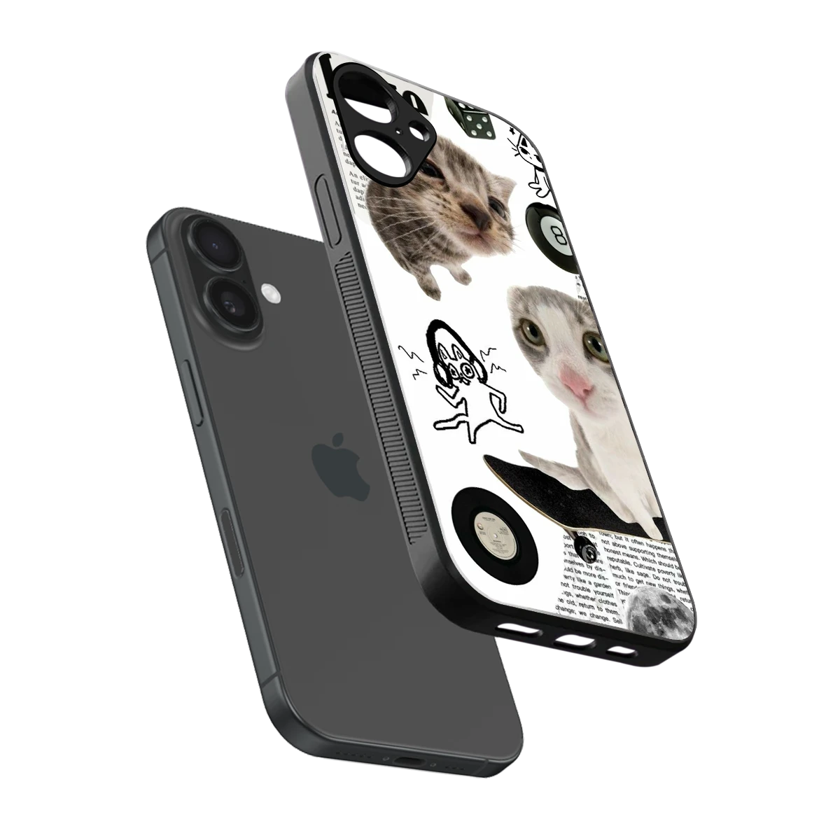 Purrfect Patchwork sleek iPhone 16 cover with tempered glass back and TPU edges