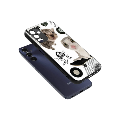 Purrfect Patchwork sleek samsung galaxy m14 5g cover with tempered glass back and TPU edges