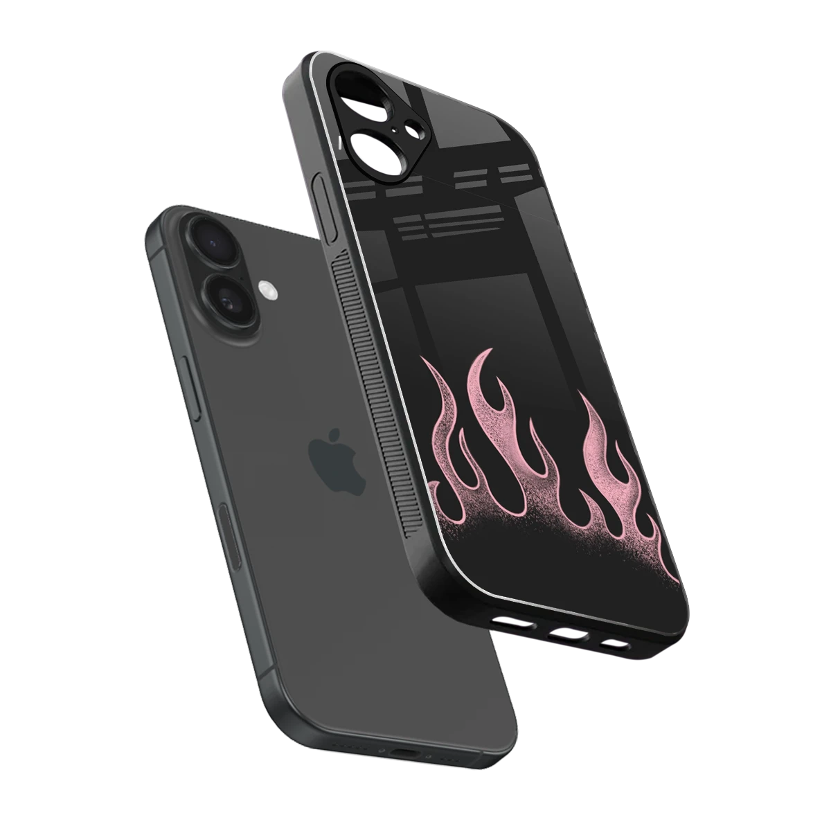Retro Pink Flames sleek iPhone 16 cover with tempered glass back and TPU edges