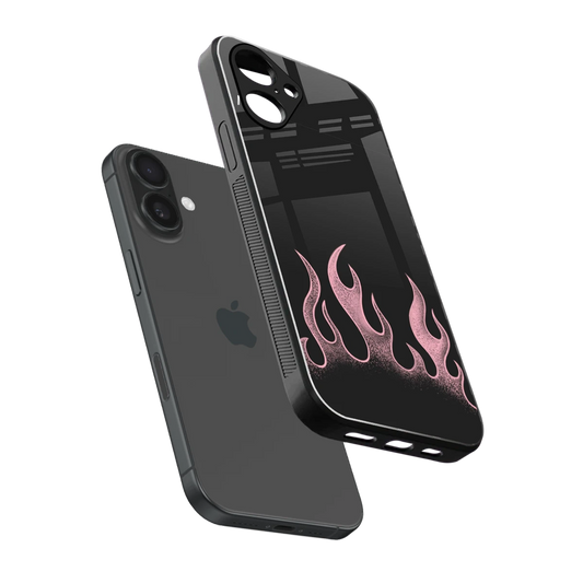 Retro Pink Flames sleek iPhone 16 cover with tempered glass back and TPU edges