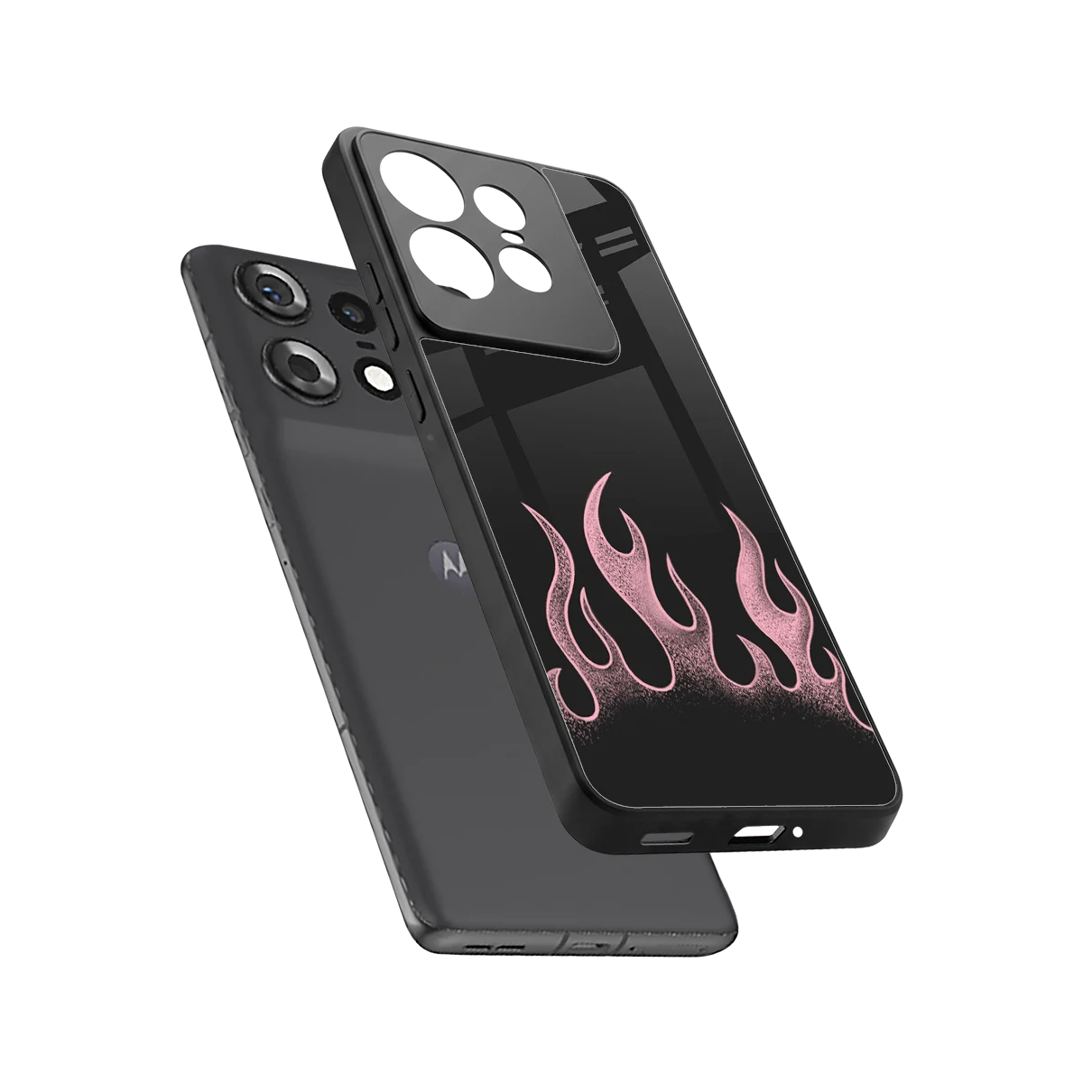 Retro Pink Flames sleek motorola edge 50 pro cover with tempered glass back and TPU edges