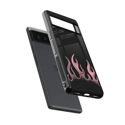 Retro Pink Flames sleek google pixel 6a cover with tempered glass back and TPU edges