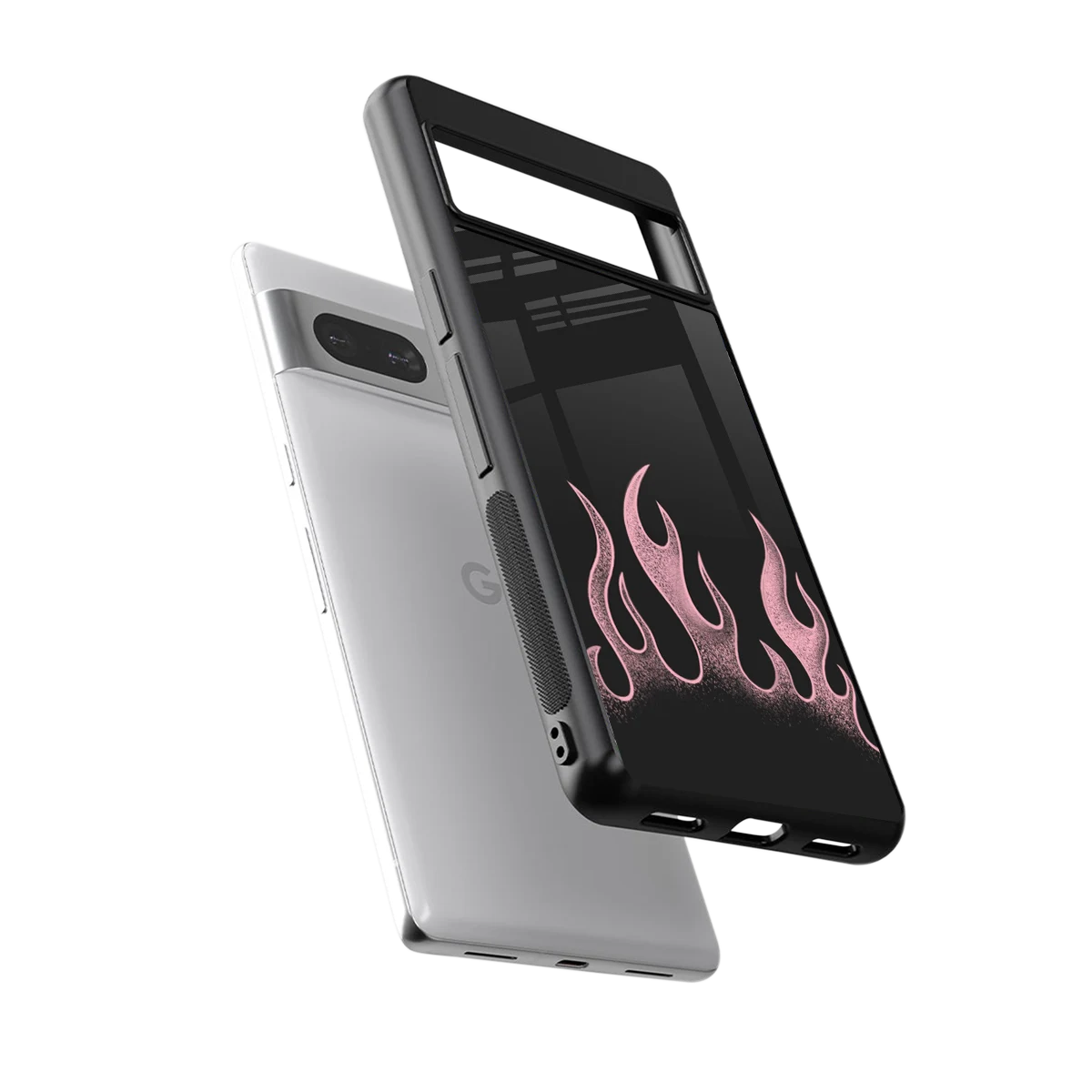 Retro Pink Flames sleek google pixel 7 cover with tempered glass back and TPU edges