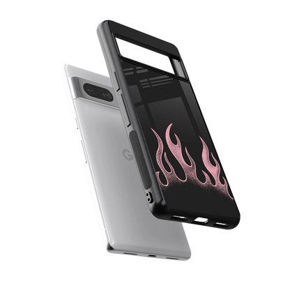 Retro Pink Flames sleek google pixel 7 cover with tempered glass back and TPU edges