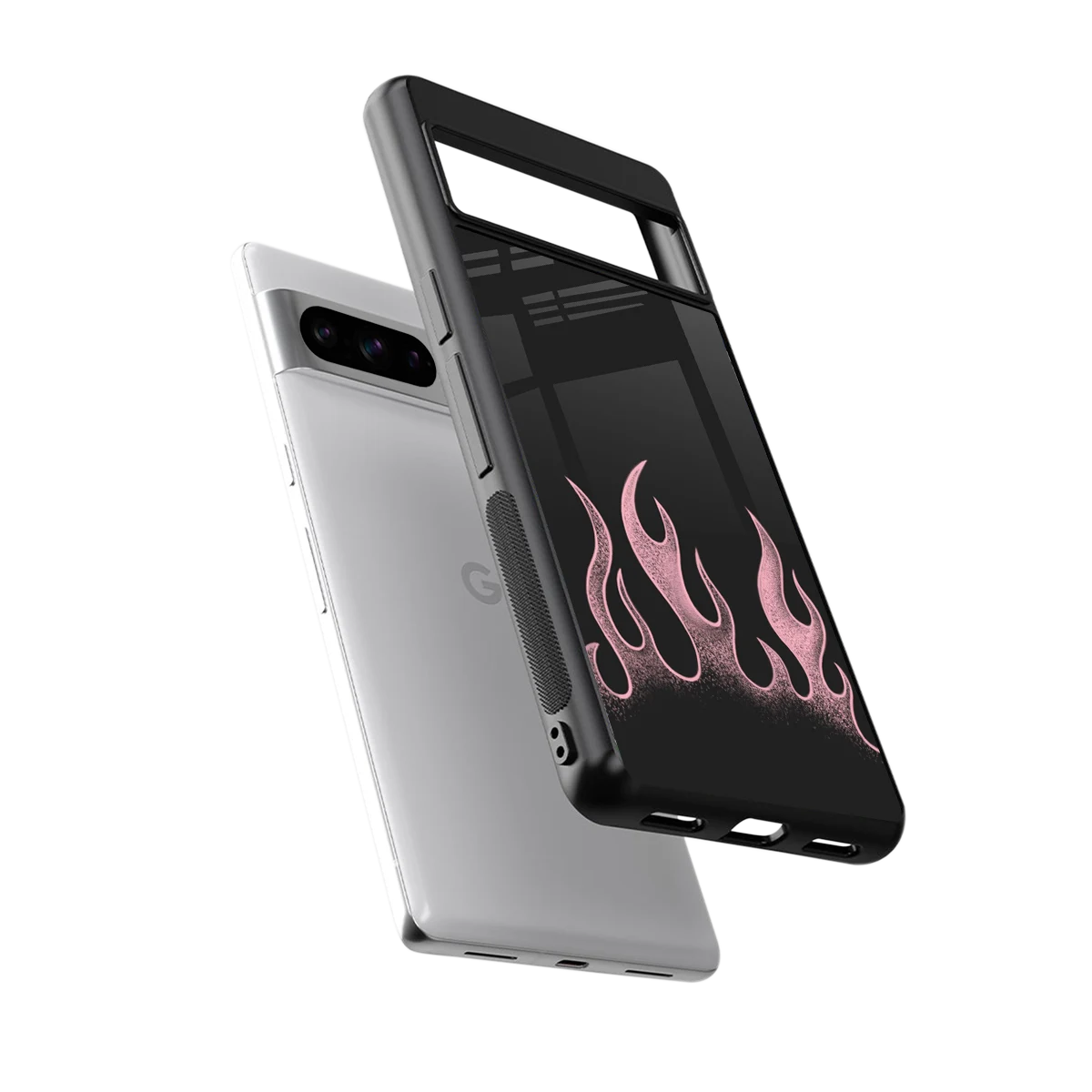 Retro Pink Flames sleek google pixel 8 pro cover with tempered glass back and TPU edges