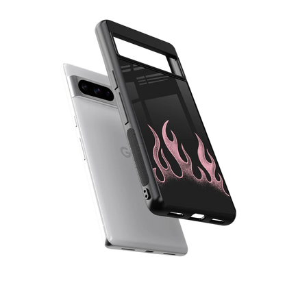 Retro Pink Flames sleek google pixel 8 pro cover with tempered glass back and TPU edges