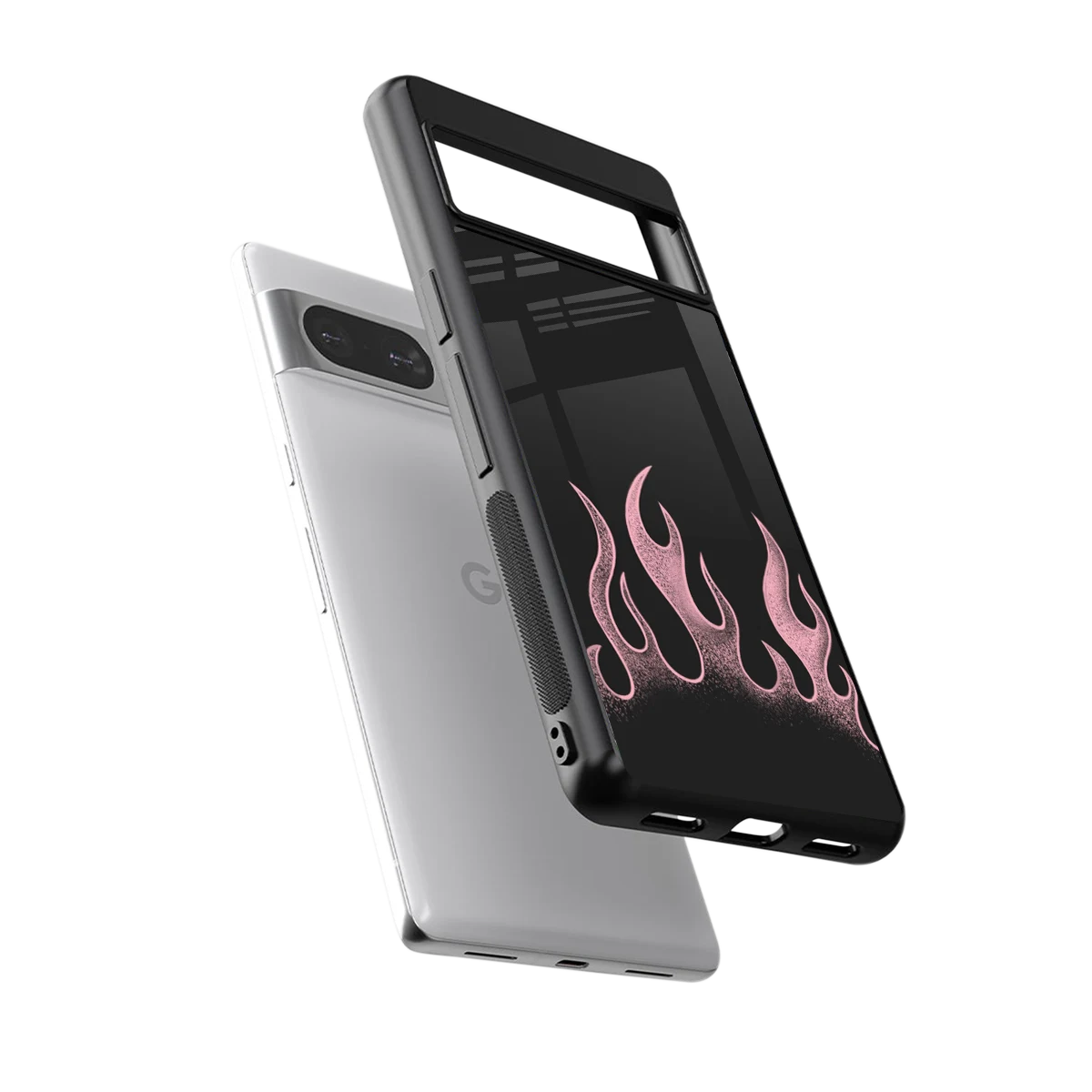 Retro Pink Flames sleek google pixel 8 cover with tempered glass back and TPU edges