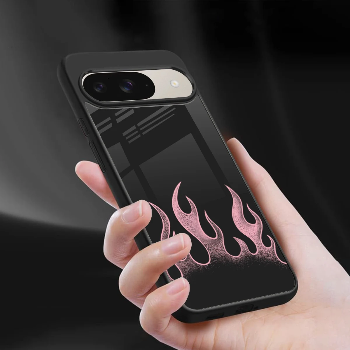 Retro Pink Flames sleek google pixel 9 cover with tempered glass back and TPU edges