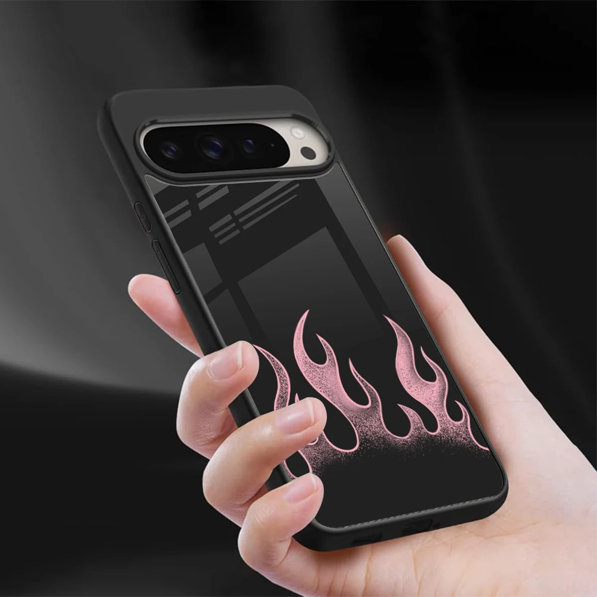 Retro Pink Flames sleek google pixel 9 pro cover with tempered glass back and TPU edges