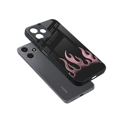 Retro Pink Flames sleek redmi 12 5g cover with tempered glass back and TPU edges