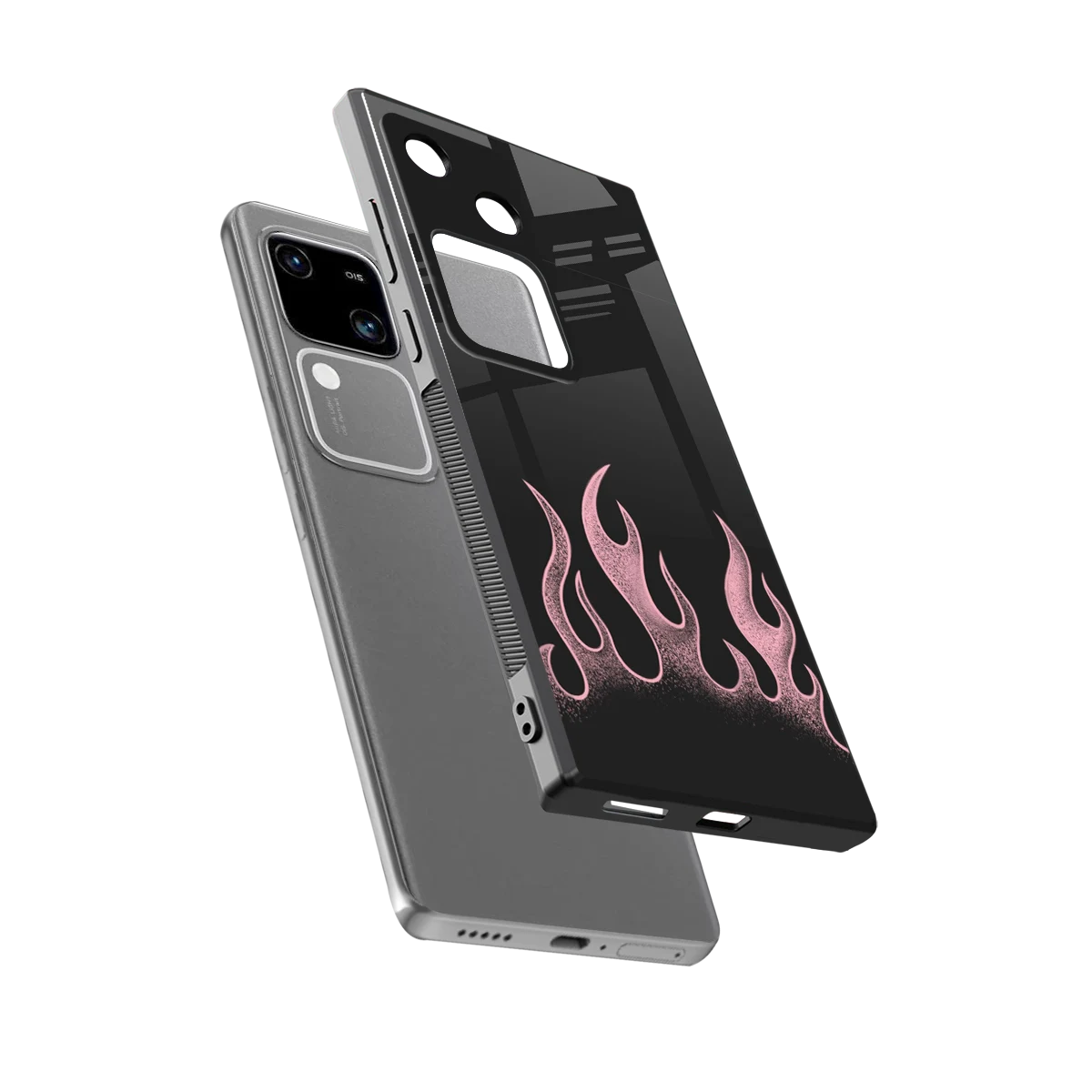 Retro Pink Flames sleek vivo v30 cover with tempered glass back and TPU edges