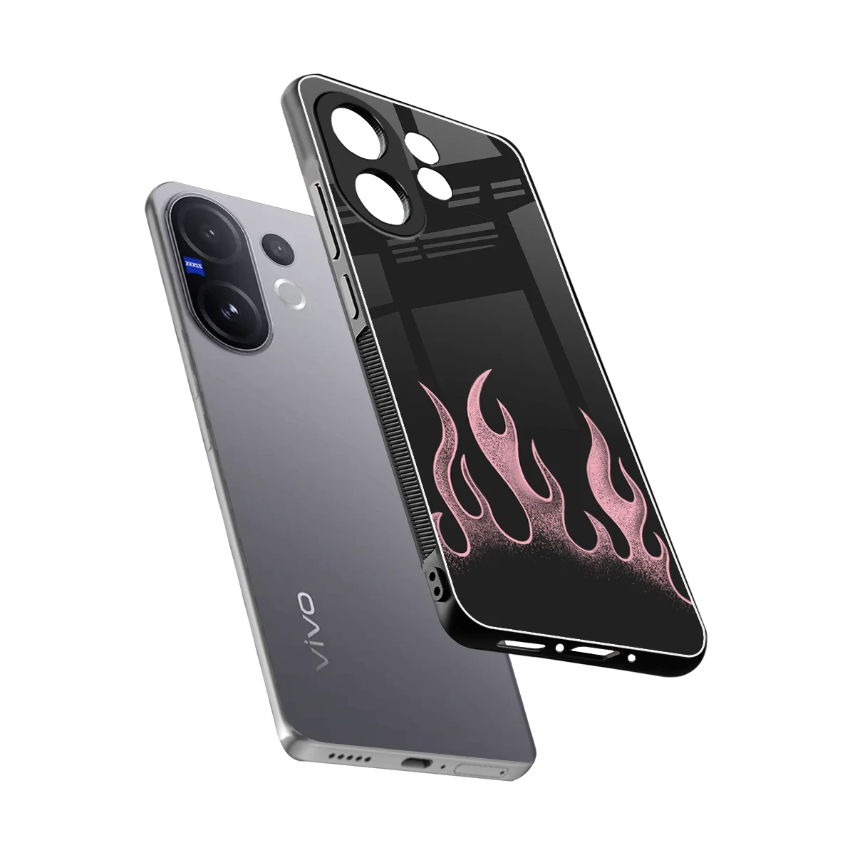 Retro Pink Flames sleek vivo v60 cover with tempered glass back and TPU edges