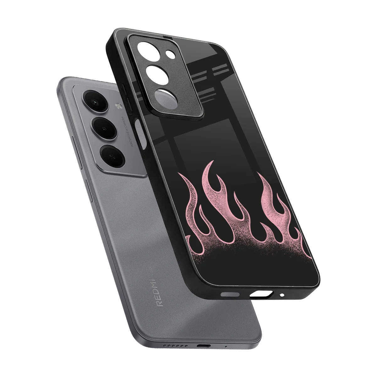 Retro Pink Flames sleek redmi 15 5g cover with tempered glass back and TPU edges