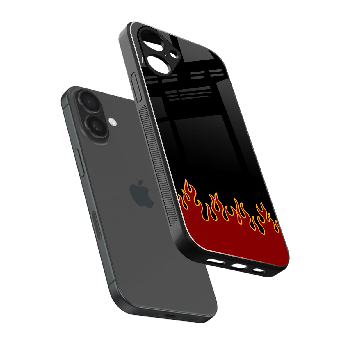 Retro Red Flames sleek iPhone 16 cover with tempered glass back and TPU edges