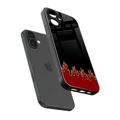 Retro Red Flames sleek iPhone 16 cover with tempered glass back and TPU edges