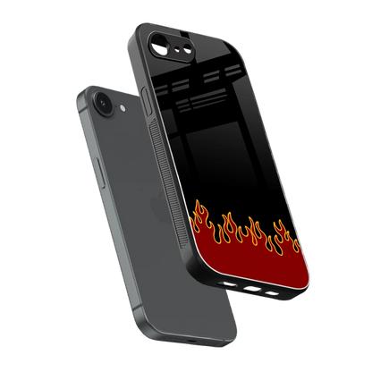 Retro Red Flames sleek iphone 16e cover with tempered glass back and TPU edges