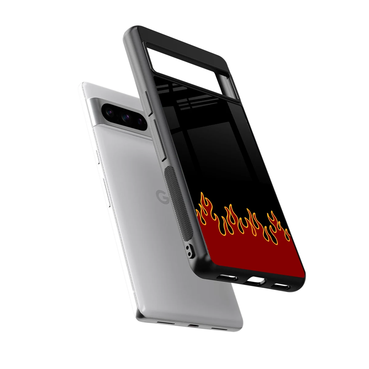 Retro Red Flames sleek google pixel 8 pro cover with tempered glass back and TPU edges