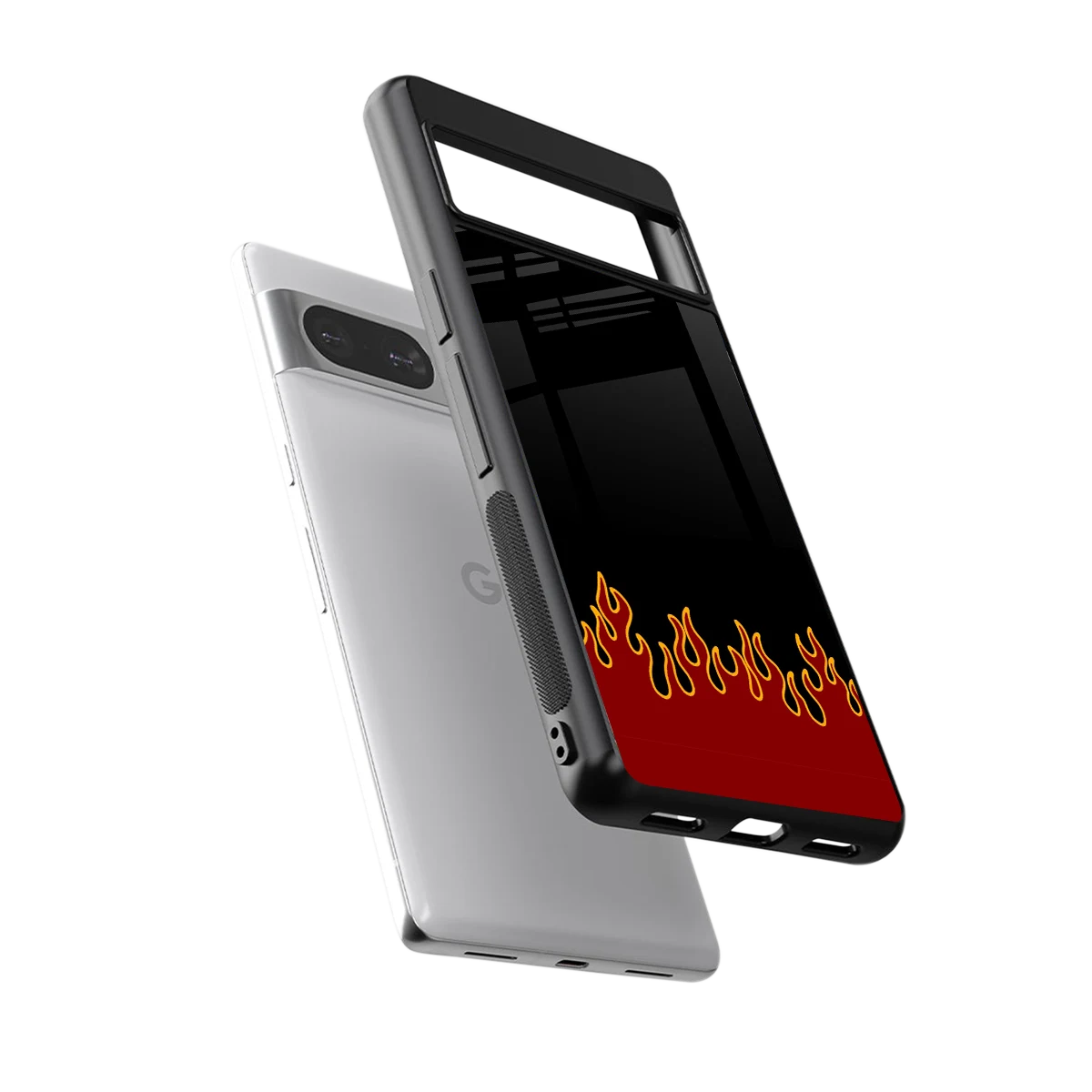 Retro Red Flames sleek google pixel 8 cover with tempered glass back and TPU edges