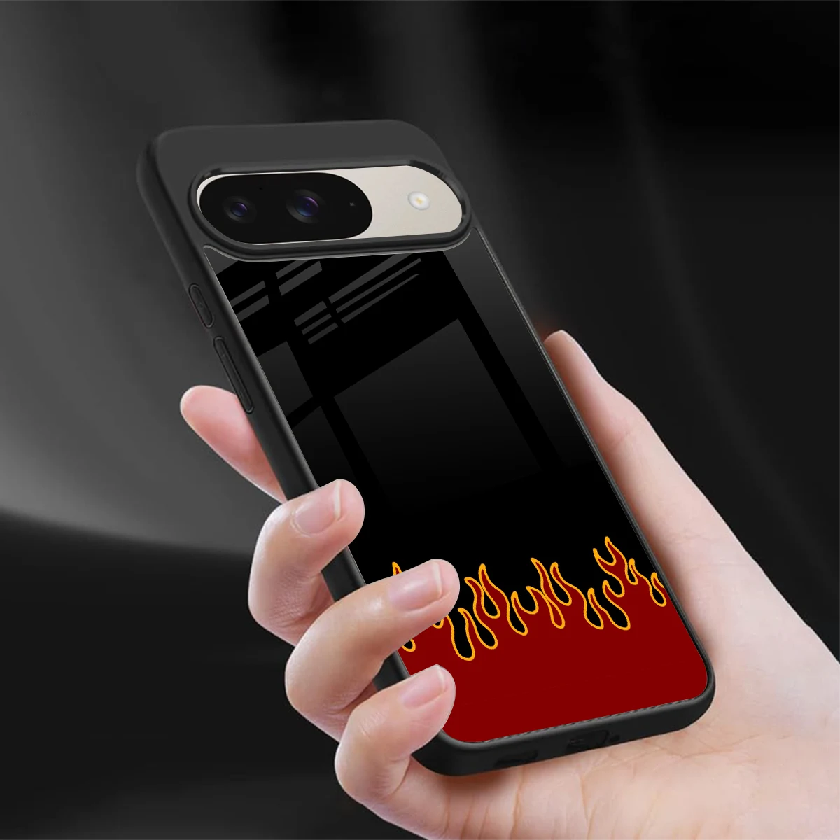 Retro Red Flames sleek google pixel 9 cover with tempered glass back and TPU edges