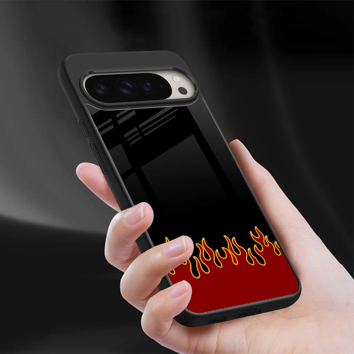 Retro Red Flames sleek google pixel 9 pro xl cover with tempered glass back and TPU edges