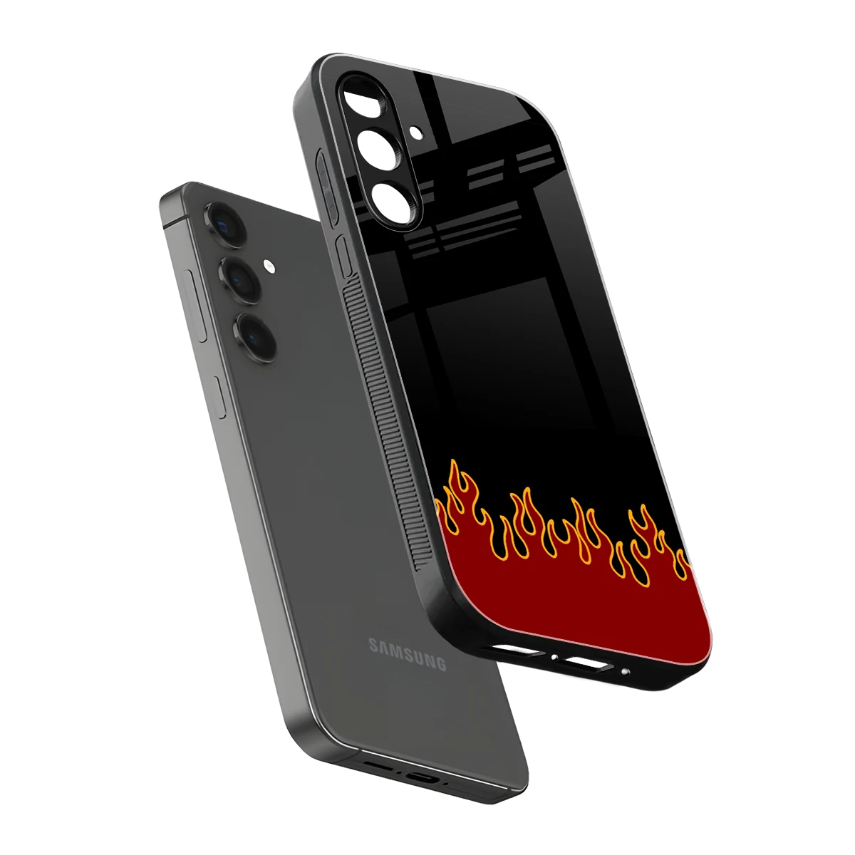 Retro Red Flames sleek samsung galaxy a55 5g cover with tempered glass back and TPU edges